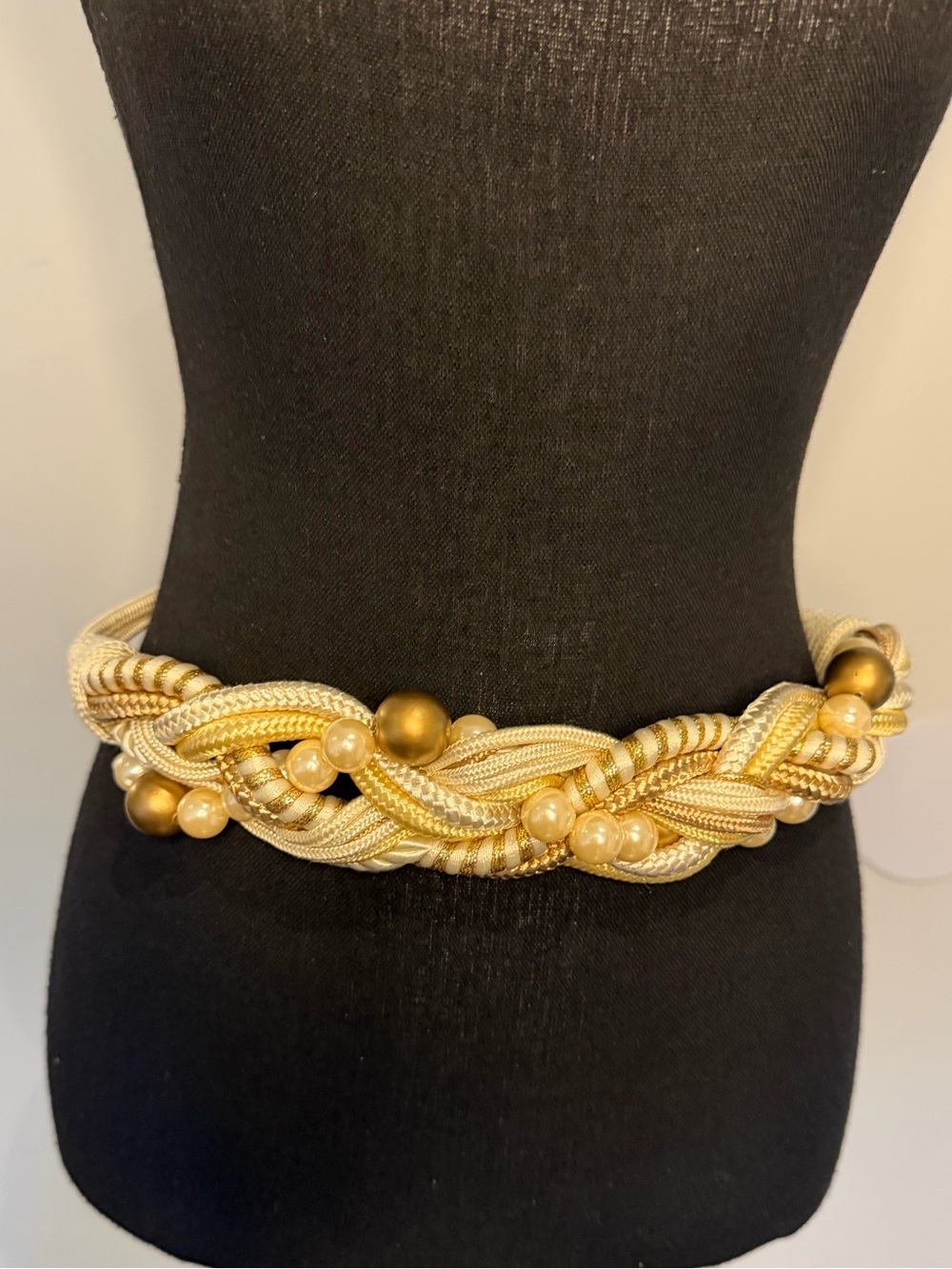 Vintage Braided Rope Belt Womens Ivory Pearl Beads Gold Accents Statement Hook